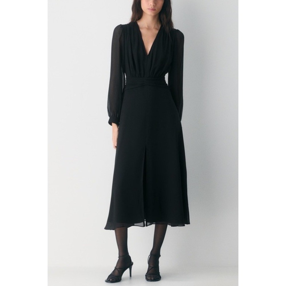 Aritzia Wilfred Cursive Dress Black Size 6 Long Sleeve V Neck Slit Midi